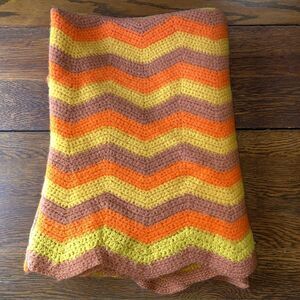 Crochet Afghan Blanket Chevron Zig Zag Orange Green Brown Yellow 36"x52" Soft